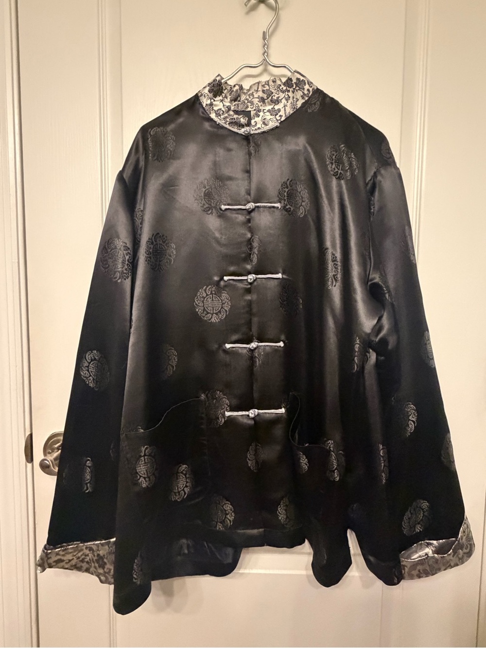 Black Satin Mandarin Collar Men’s Jacket/Shirt-XXL